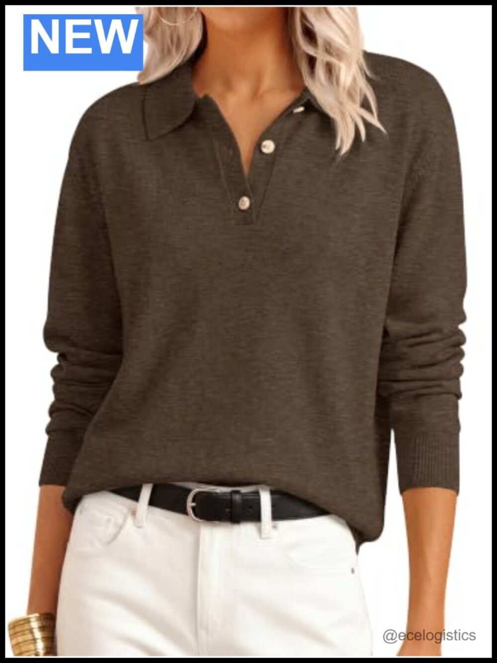 Polo Collared Knit Long Sleeve Pullover Sweater, Lightweight Cozy, V-Neck